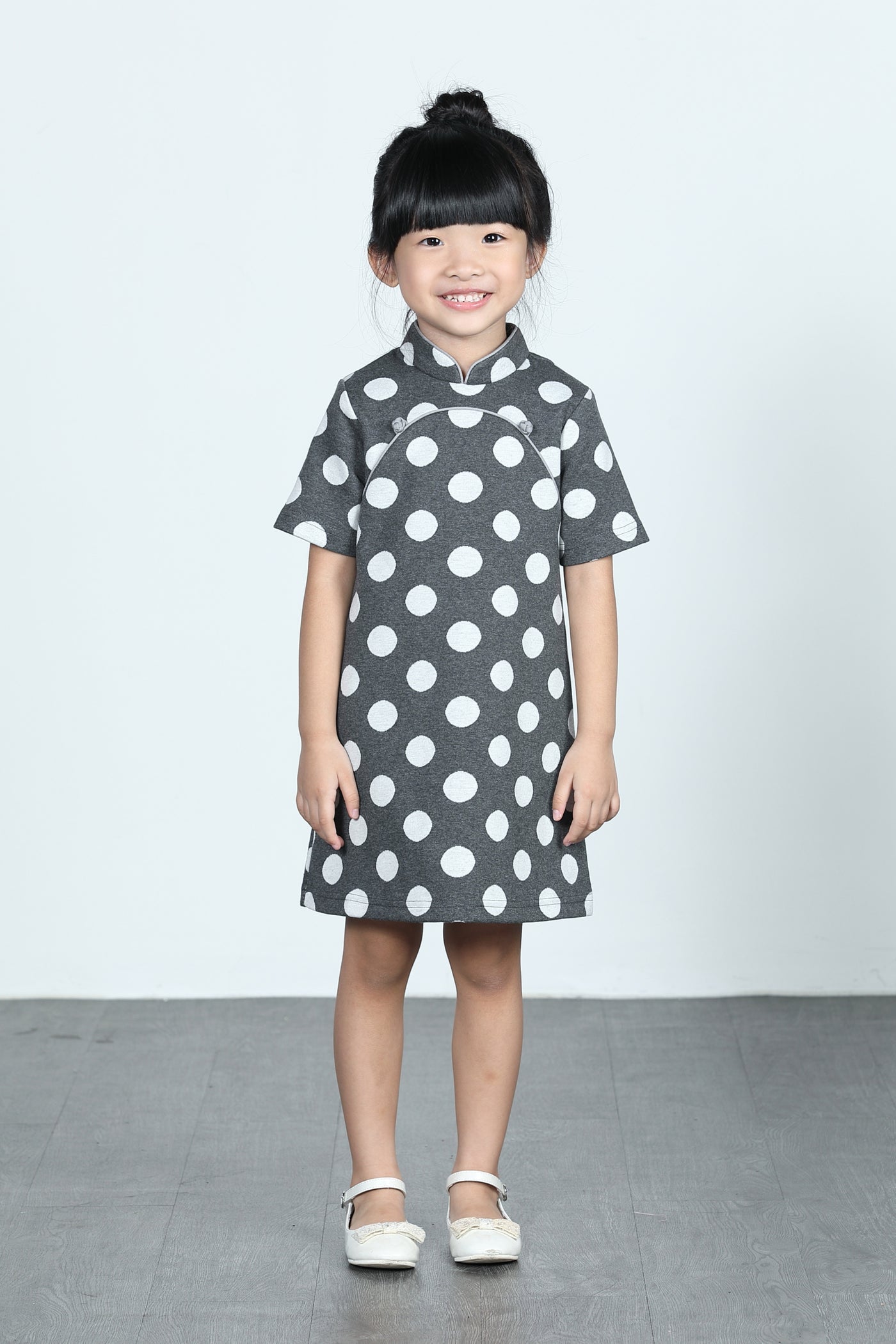BAMBI Polka Dot Cotton Cheongsam (Grey/ White)