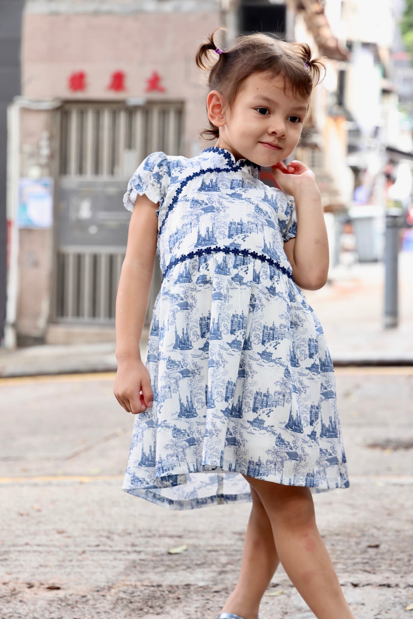 MIMI Kids Shanghai Print Gathered Dress (Navy)
