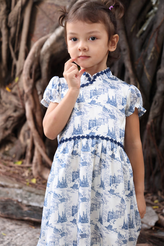 MIMI Kids Shanghai Print Gathered Dress (Navy)