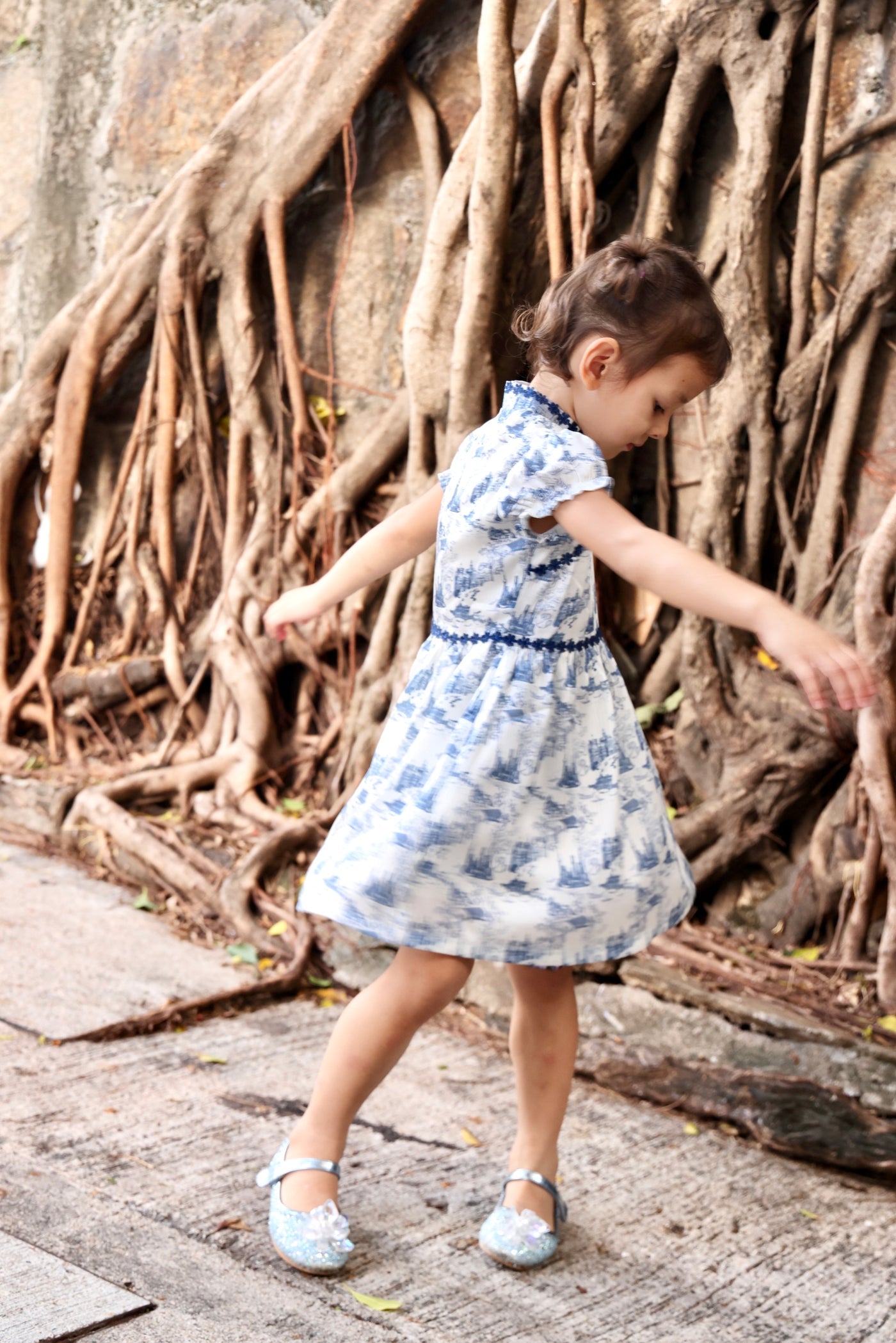 MIMI Kids Shanghai Print Gathered Dress (Navy)