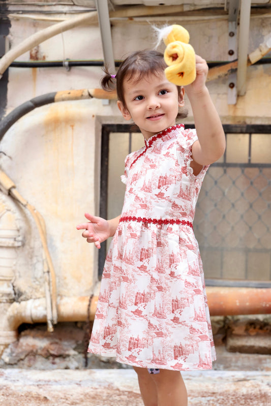 MIMI Kids Shanghai Print Gathered Dress (Red)