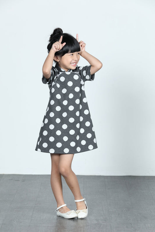 BAMBI Polka Dot Cotton Cheongsam (Grey/ White)