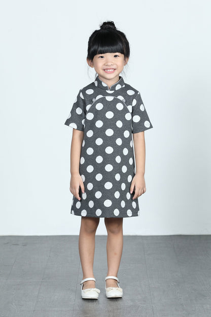 BAMBI Polka Dot Cotton Cheongsam (Grey/ White)
