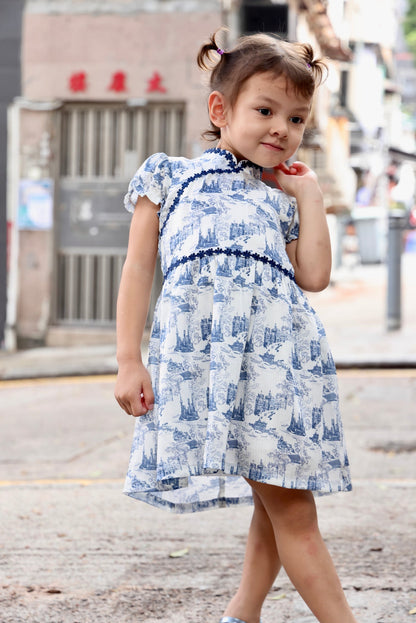 MIMI Kids Shanghai Print Gathered Dress (Navy)