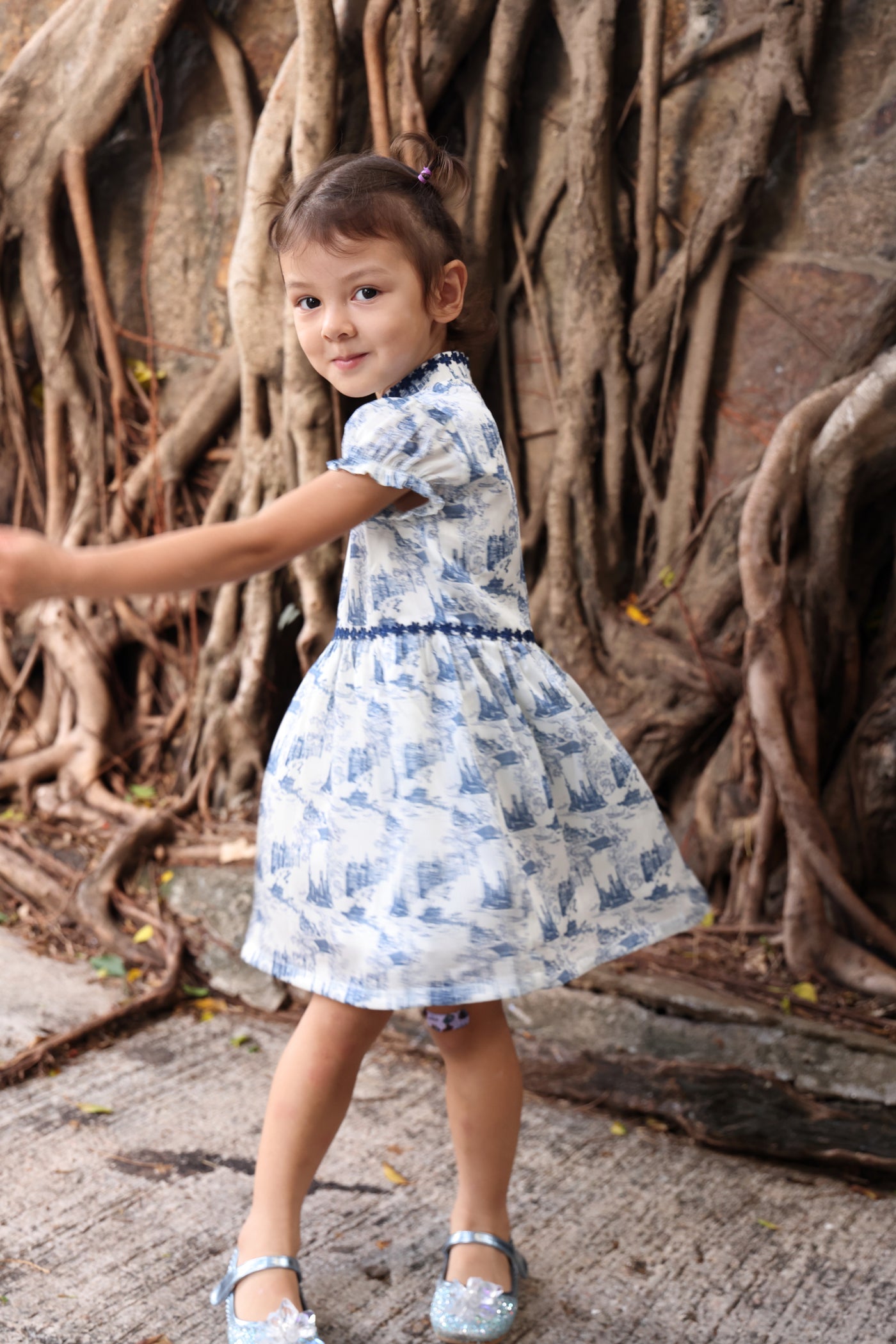 MIMI Kids Shanghai Print Gathered Dress (Navy)